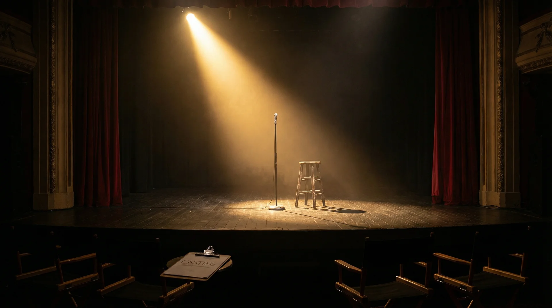 heiliao 选角现场，聚光灯下的空舞台等待演员登场